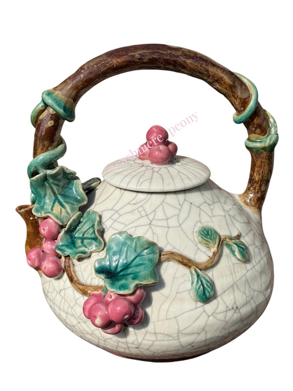 Vintage Majolica Grapewine and Leaves Crackle Glaze Ceramic Teapot